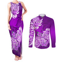 Polynesian Couples Matching Tank Maxi Dress and Long Sleeve Button Shirts Pacific Flower Mix Floral Tribal Tattoo Purple Vibe LT9 Purple - Polynesian Pride