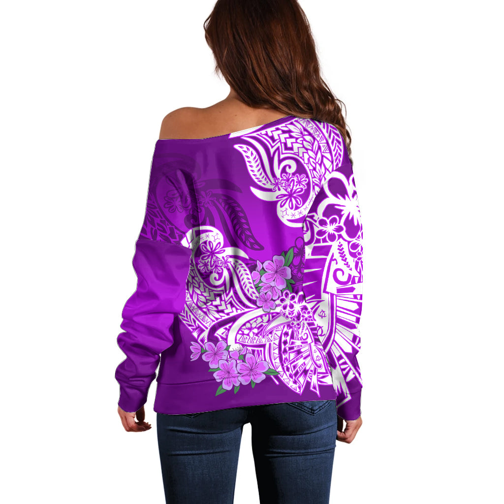 Polynesian Off Shoulder Sweater Pacific Flower Mix Floral Tribal Tattoo Purple Vibe LT9 - Polynesian Pride