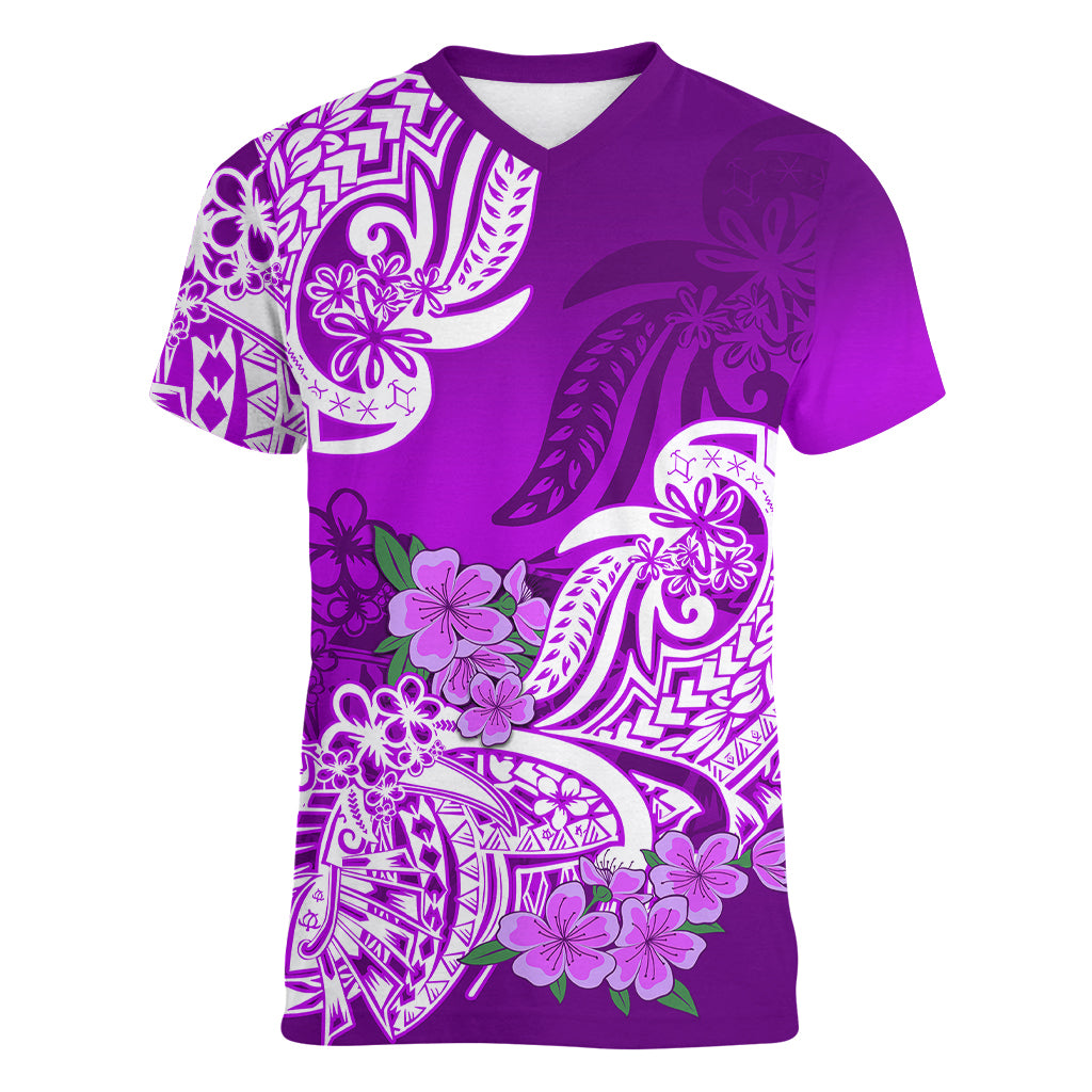 Polynesian Women V Neck T Shirt Pacific Flower Mix Floral Tribal Tattoo Purple Vibe LT9 Female Purple - Polynesian Pride