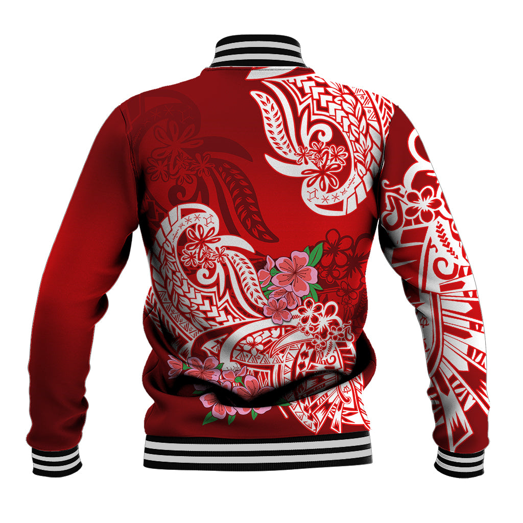 Polynesian Baseball Jacket Pacific Flower Mix Floral Tribal Tattoo Red Vibe LT9 - Polynesian Pride