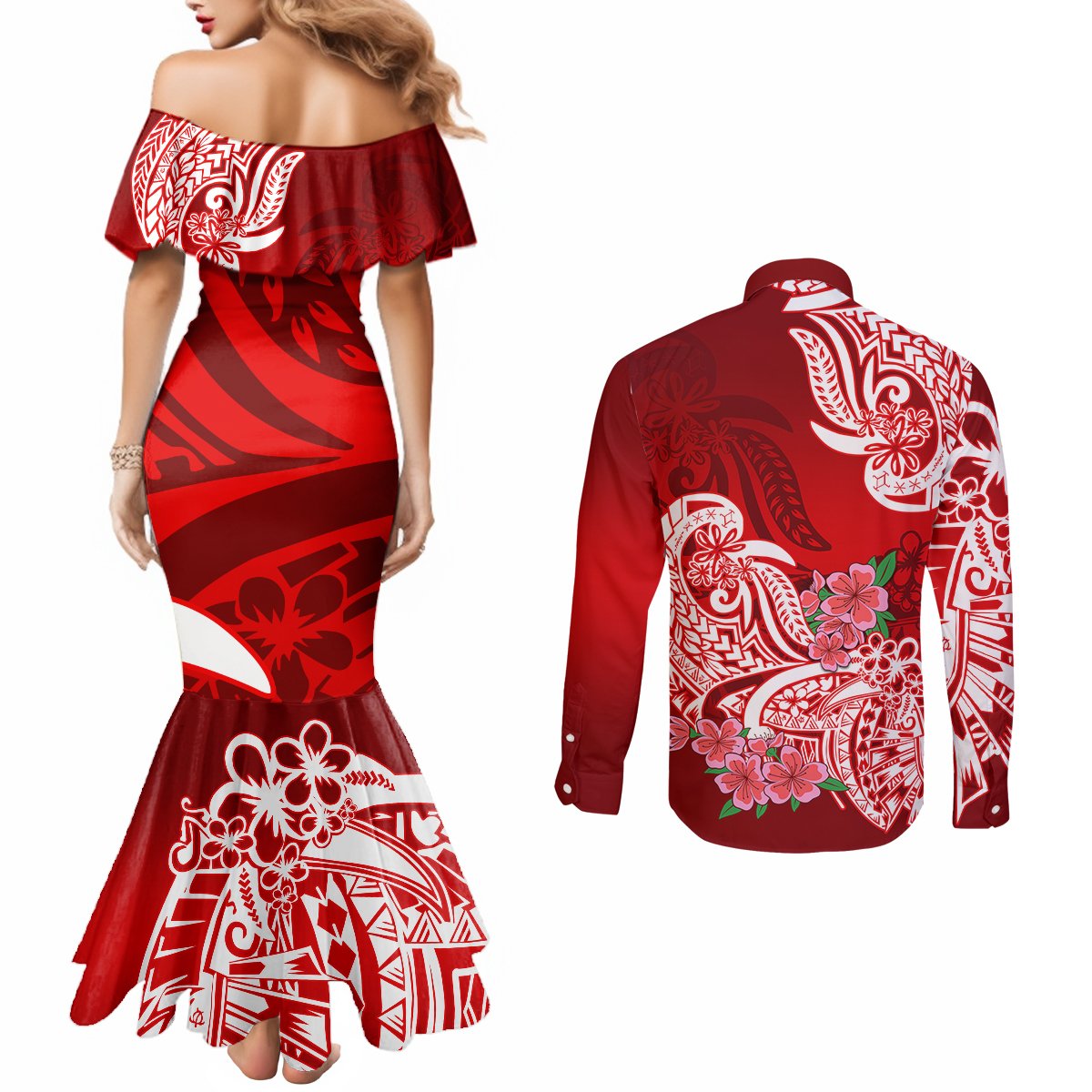 Polynesian Couples Matching Mermaid Dress and Long Sleeve Button Shirts Pacific Flower Mix Floral Tribal Tattoo Red Vibe LT9 - Polynesian Pride