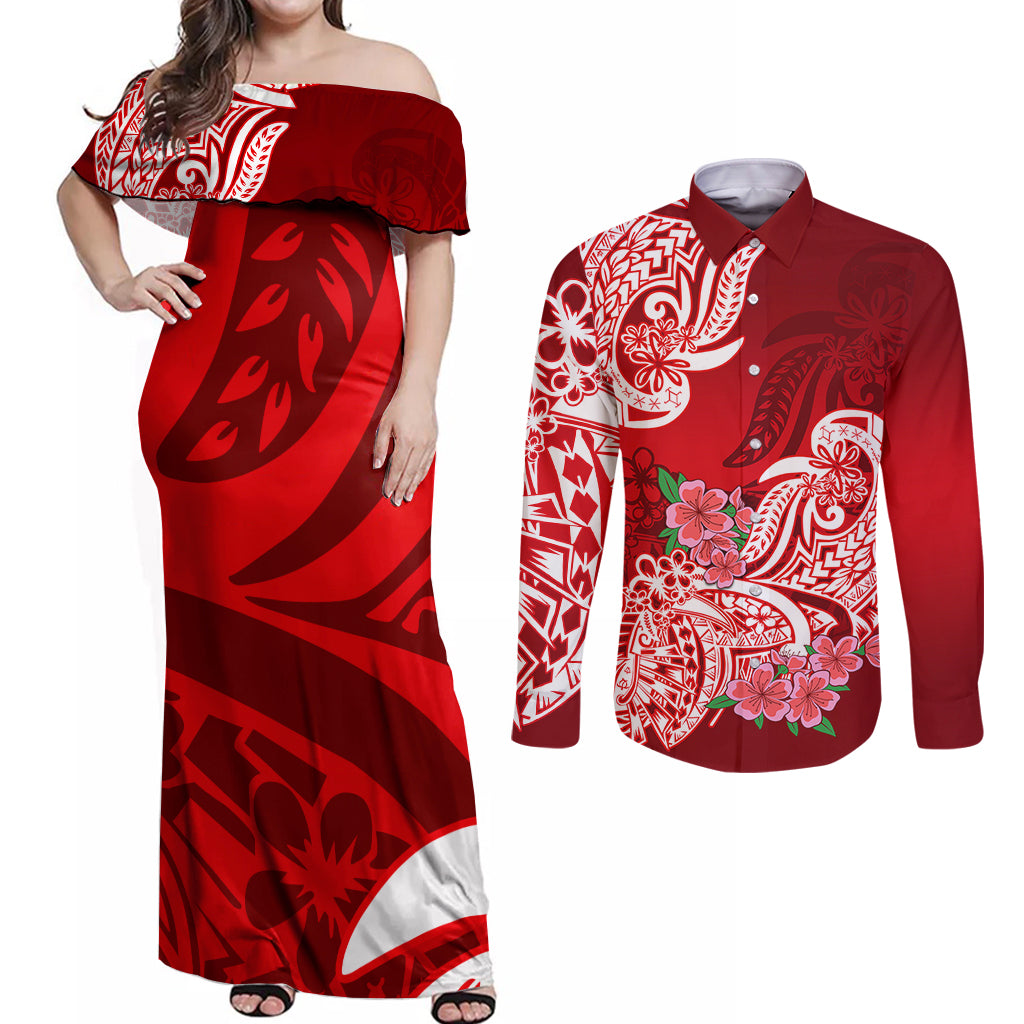 Polynesian Couples Matching Off Shoulder Maxi Dress and Long Sleeve Button Shirts Pacific Flower Mix Floral Tribal Tattoo Red Vibe LT9 Red - Polynesian Pride