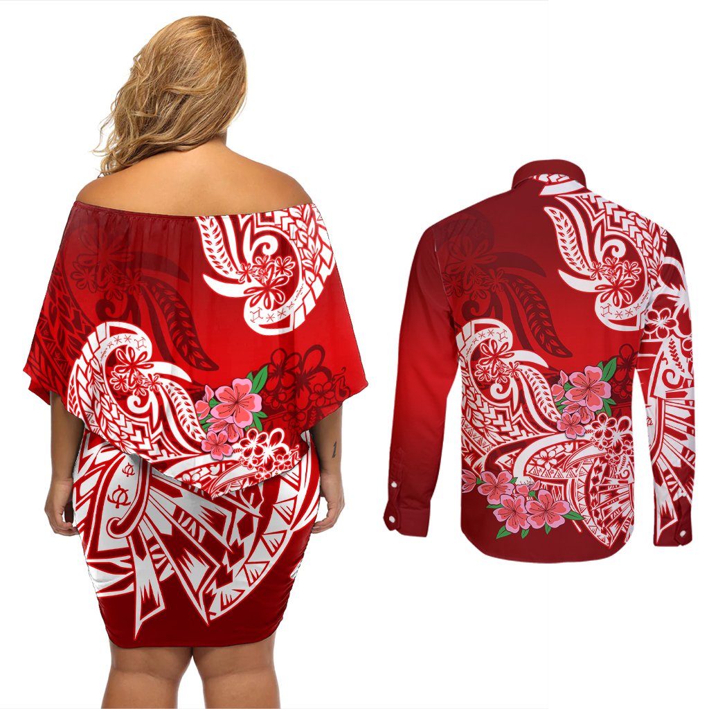 Polynesian Couples Matching Off Shoulder Short Dress and Long Sleeve Button Shirts Pacific Flower Mix Floral Tribal Tattoo Red Vibe LT9 - Polynesian Pride