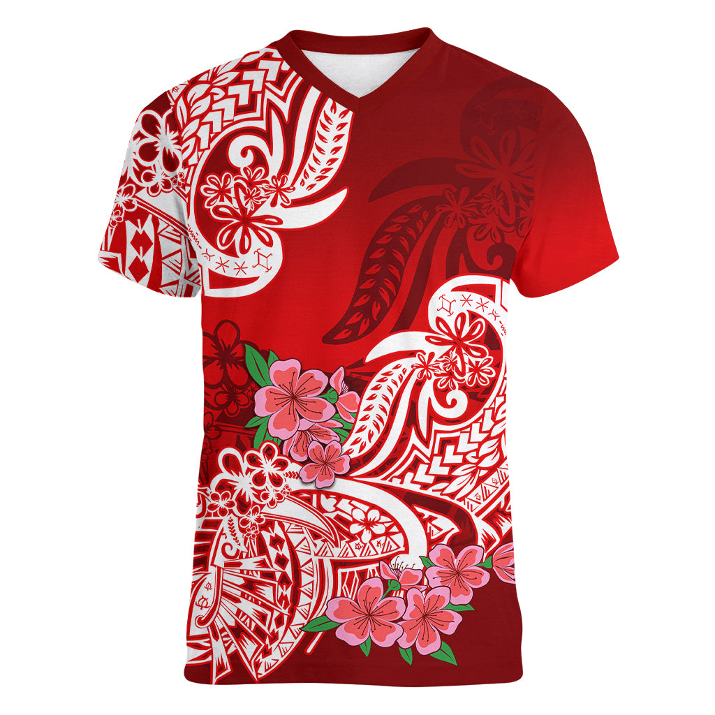 Polynesian Women V Neck T Shirt Pacific Flower Mix Floral Tribal Tattoo Red Vibe LT9 Female Red - Polynesian Pride