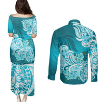 Polynesian Couples Matching Puletasi Dress and Long Sleeve Button Shirts Pacific Flower Mix Floral Tribal Tattoo Aqua Vibe LT9 - Polynesian Pride