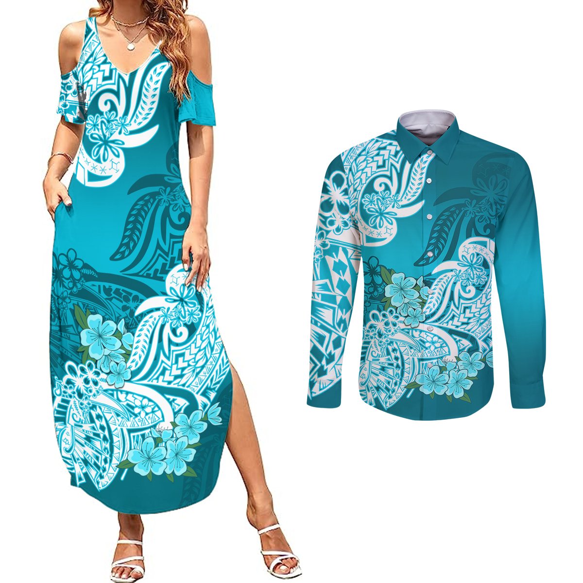 Polynesian Couples Matching Summer Maxi Dress and Long Sleeve Button Shirts Pacific Flower Mix Floral Tribal Tattoo Aqua Vibe LT9 Aqua - Polynesian Pride