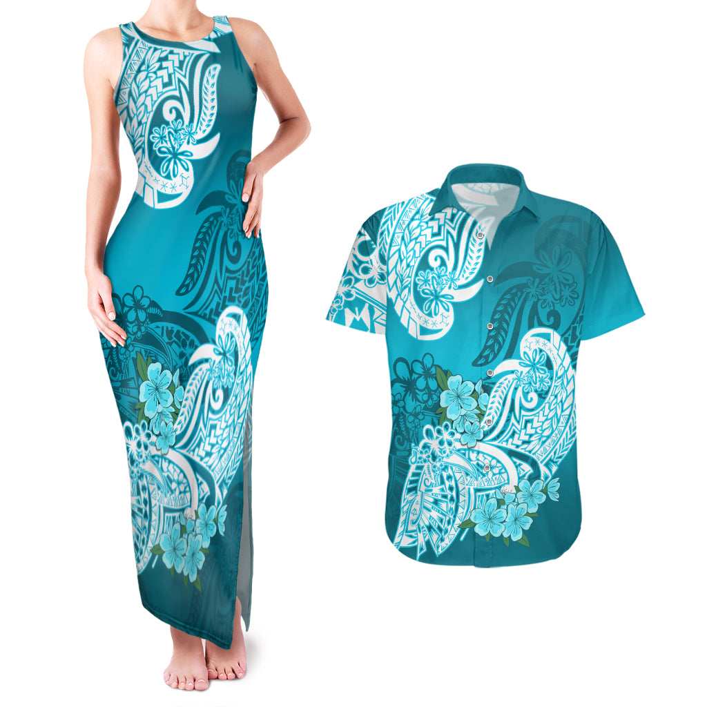 Polynesian Couples Matching Tank Maxi Dress And Hawaiian Shirt Pacific Flower Mix Floral Tribal Tattoo Aqua Vibe LT9 Aqua - Polynesian Pride