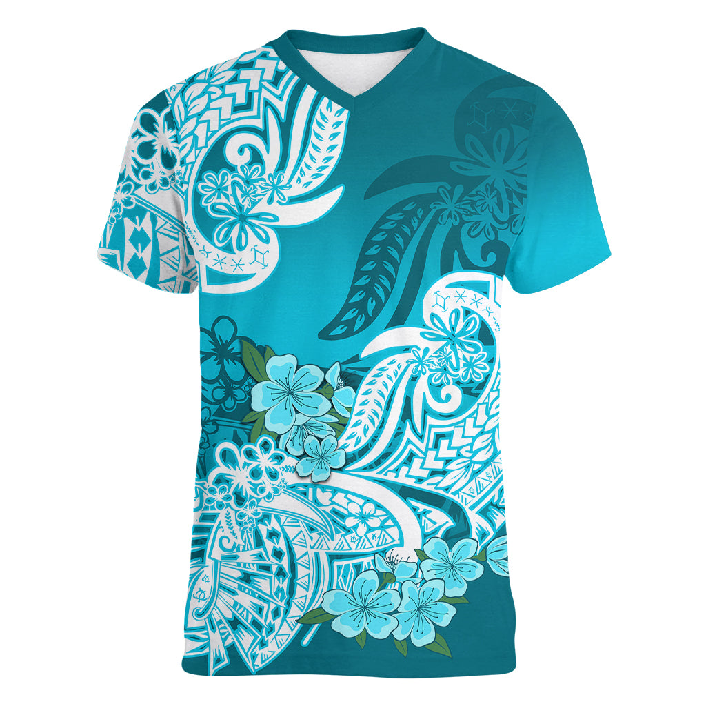 Polynesian Women V Neck T Shirt Pacific Flower Mix Floral Tribal Tattoo Aqua Vibe LT9 Female Aqua - Polynesian Pride