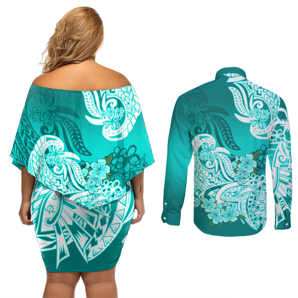 Polynesian Couples Matching Off Shoulder Short Dress and Long Sleeve Button Shirts Pacific Flower Mix Floral Tribal Tattoo Turquoise Vibe LT9 - Polynesian Pride