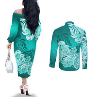 Polynesian Couples Matching Off The Shoulder Long Sleeve Dress and Long Sleeve Button Shirts Pacific Flower Mix Floral Tribal Tattoo Turquoise Vibe LT9 - Polynesian Pride