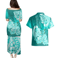 Polynesian Couples Matching Puletasi Dress and Hawaiian Shirt Pacific Flower Mix Floral Tribal Tattoo Turquoise Vibe LT9 - Polynesian Pride
