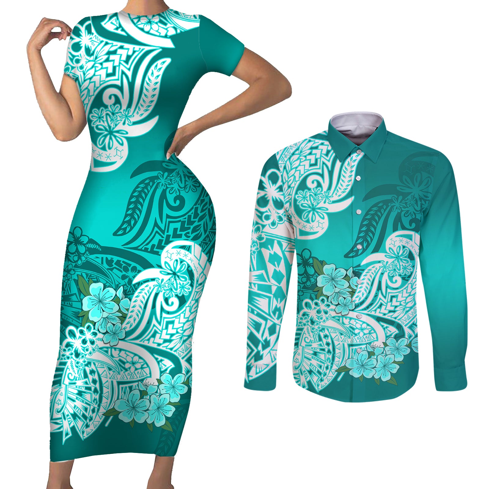 Polynesian Couples Matching Short Sleeve Bodycon Dress and Long Sleeve Button Shirts Pacific Flower Mix Floral Tribal Tattoo Turquoise Vibe LT9 Turquoise - Polynesian Pride