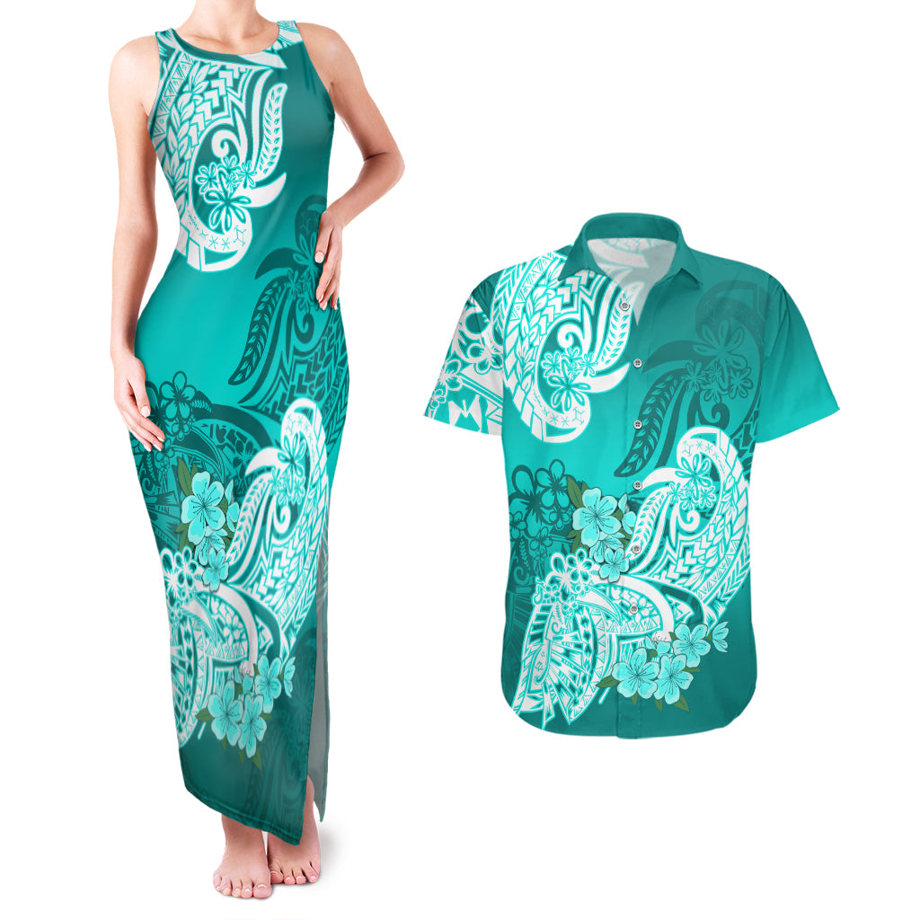 Polynesian Couples Matching Tank Maxi Dress And Hawaiian Shirt Pacific Flower Mix Floral Tribal Tattoo Turquoise Vibe LT9 Turquoise - Polynesian Pride