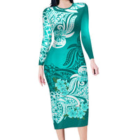 Polynesian Floral Tribal Long Sleeves Dress Turquoise LT9
