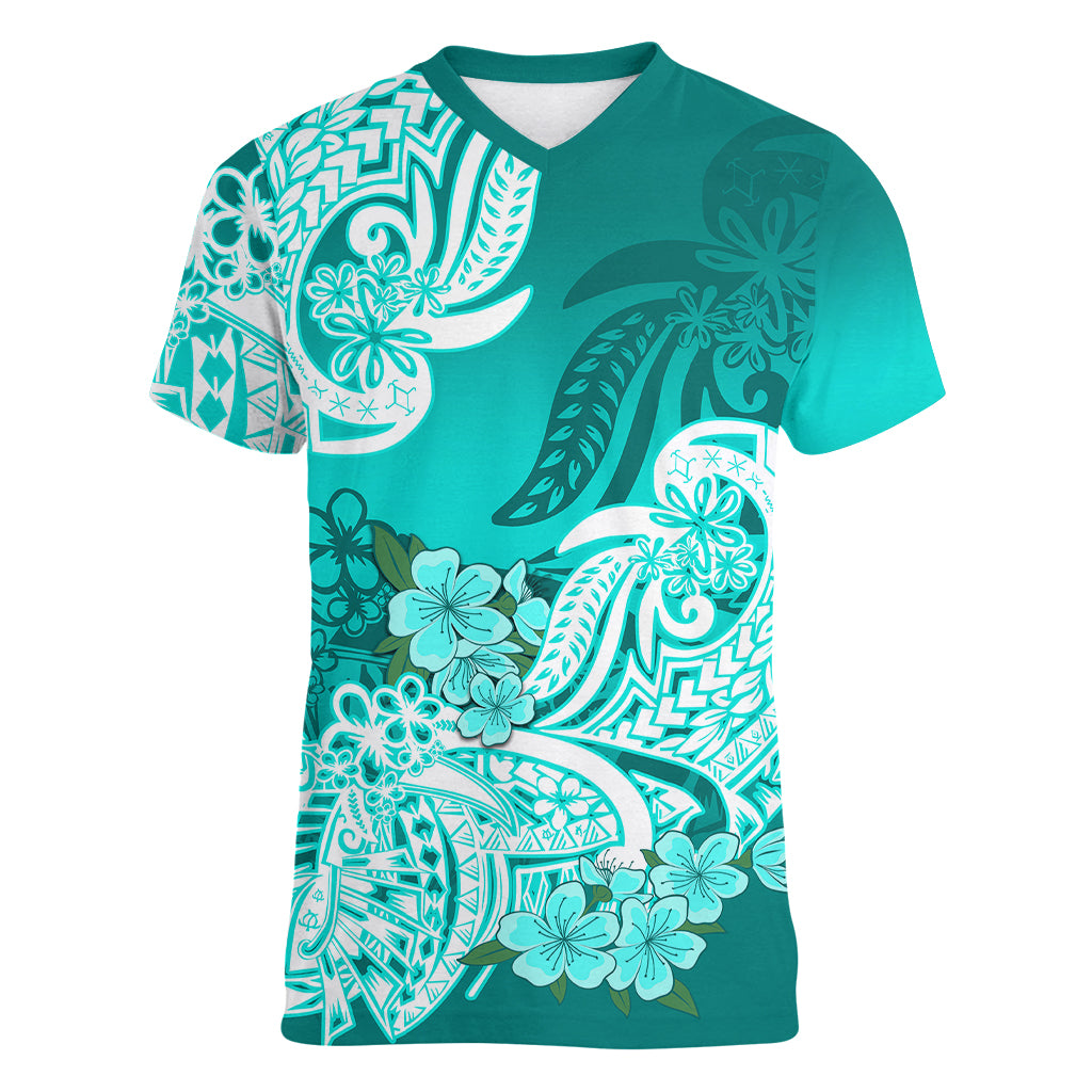 Polynesian Women V Neck T Shirt Pacific Flower Mix Floral Tribal Tattoo Turquoise Vibe LT9 Female Turquoise - Polynesian Pride