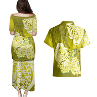 Polynesian Couples Matching Puletasi Dress and Hawaiian Shirt Pacific Flower Mix Floral Tribal Tattoo Yellow Vibe LT9 - Polynesian Pride
