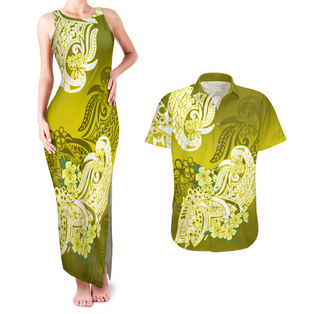Polynesian Couples Matching Tank Maxi Dress And Hawaiian Shirt Pacific Flower Mix Floral Tribal Tattoo Yellow Vibe LT9 Yellow - Polynesian Pride