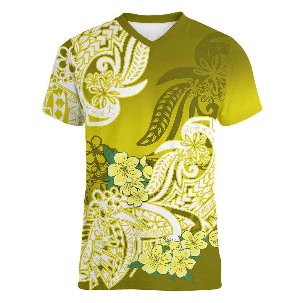 Polynesian Women V Neck T Shirt Pacific Flower Mix Floral Tribal Tattoo Yellow Vibe LT9 Female Yellow - Polynesian Pride
