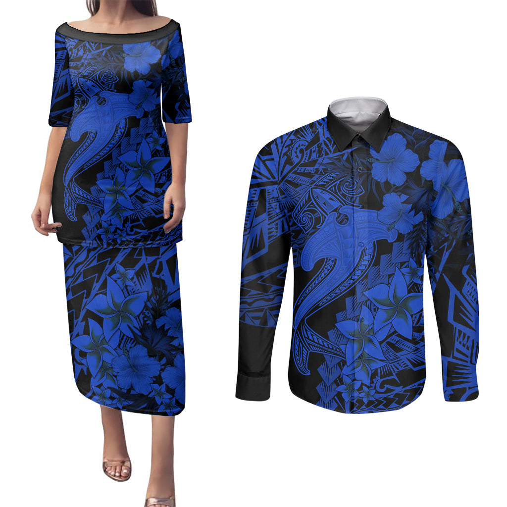 Aloha Hawaii Couples Matching Puletasi Dress and Long Sleeve Button Shirts Hammerhead Shark Tattoo Polynesian Summer - Blue LT9 Blue - Polynesian Pride