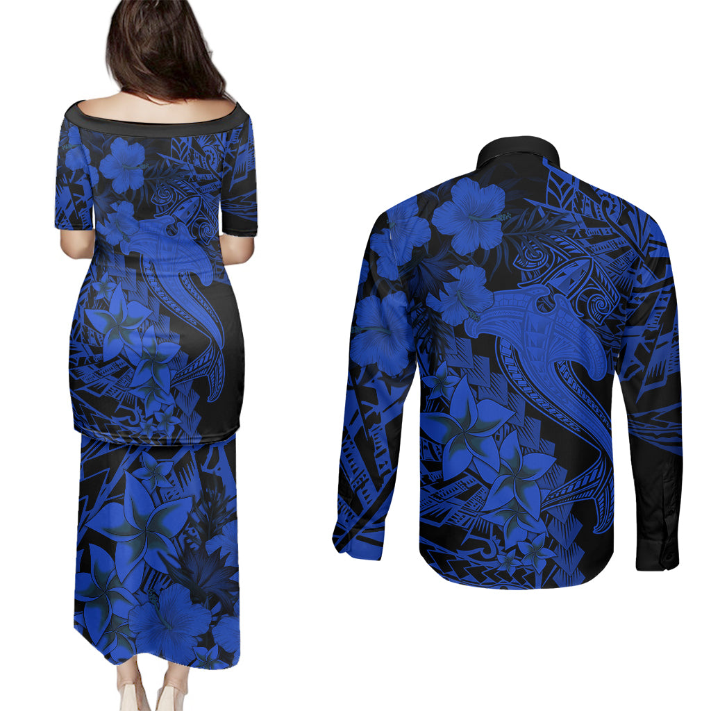 Aloha Hawaii Couples Matching Puletasi Dress and Long Sleeve Button Shirts Hammerhead Shark Tattoo Polynesian Summer - Blue LT9 - Polynesian Pride