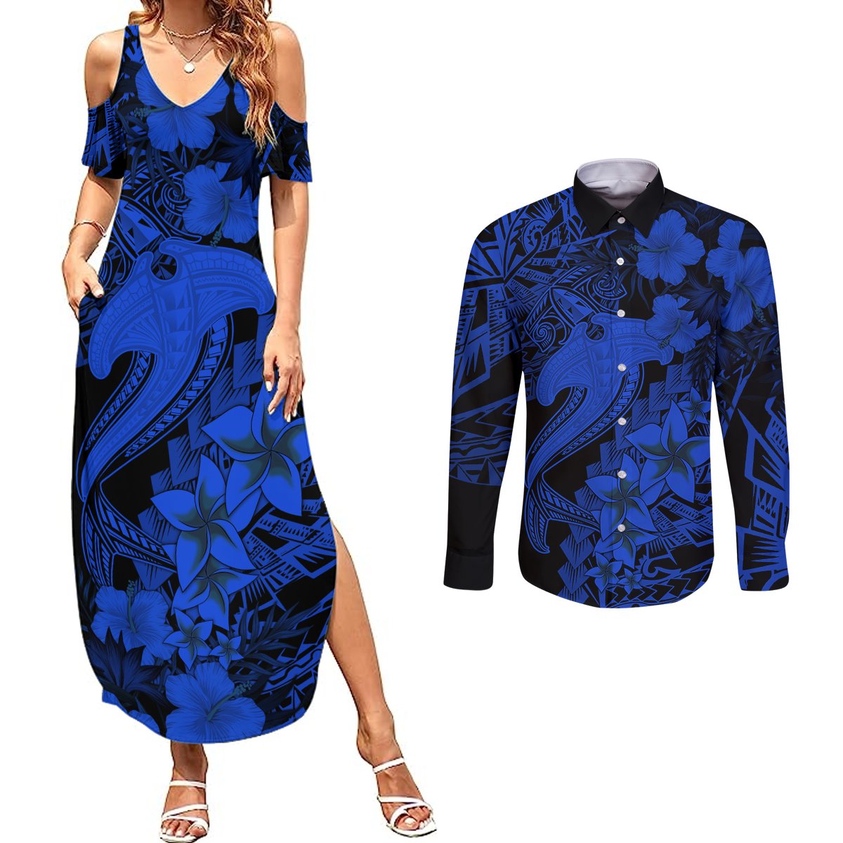 Aloha Hawaii Couples Matching Summer Maxi Dress and Long Sleeve Button Shirts Hammerhead Shark Tattoo Polynesian Summer - Blue LT9 Blue - Polynesian Pride