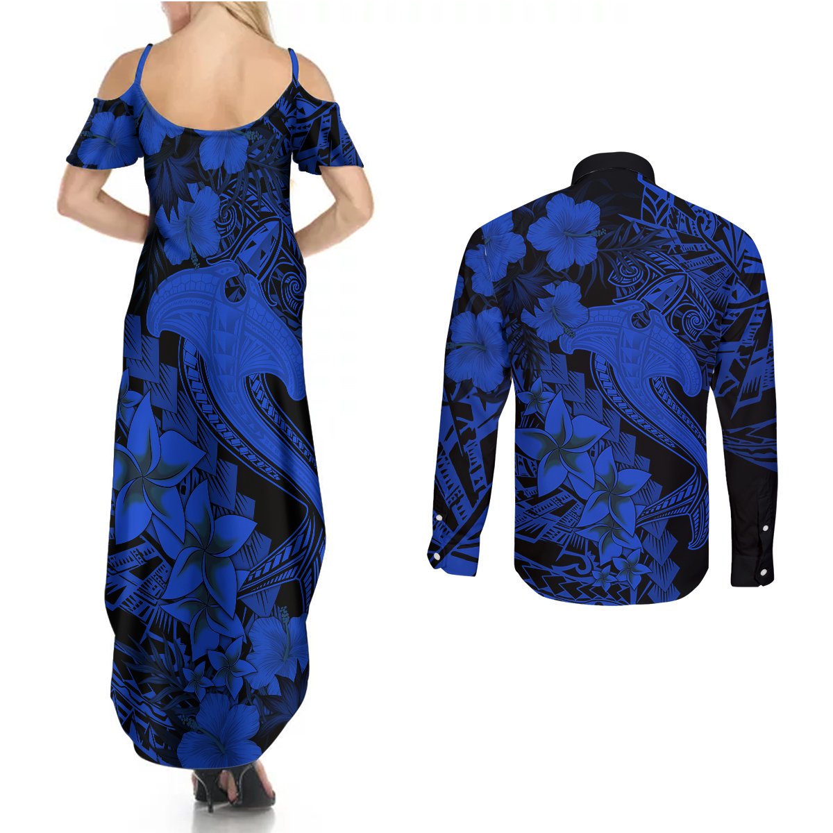 Aloha Hawaii Couples Matching Summer Maxi Dress and Long Sleeve Button Shirts Hammerhead Shark Tattoo Polynesian Summer - Blue LT9 - Polynesian Pride