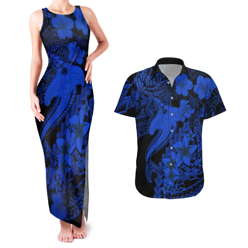 Aloha Hawaii Couples Matching Tank Maxi Dress And Hawaiian Shirt Hammerhead Shark Tattoo Polynesian Summer - Blue LT9 Blue - Polynesian Pride