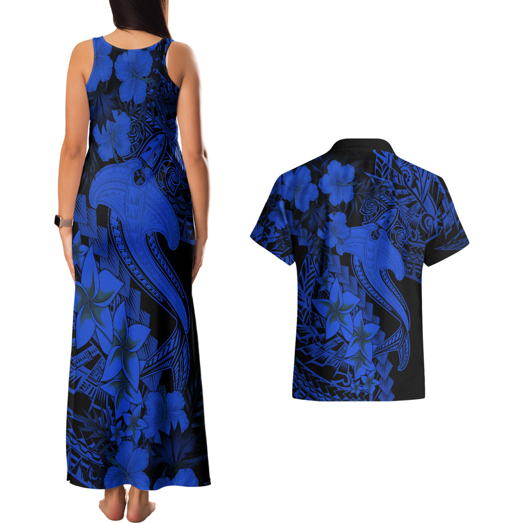 Aloha Hawaii Couples Matching Tank Maxi Dress And Hawaiian Shirt Hammerhead Shark Tattoo Polynesian Summer - Blue LT9 - Polynesian Pride