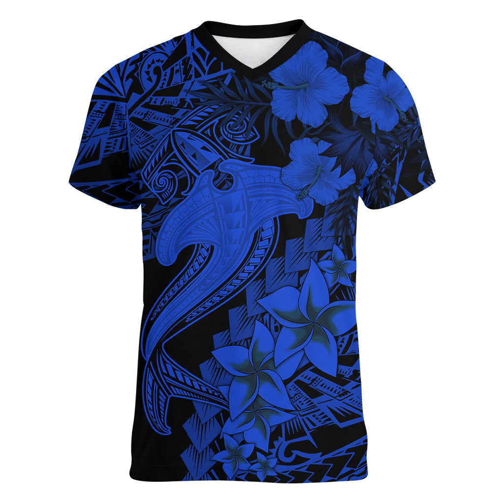 Aloha Hawaii Women V Neck T Shirt Hammerhead Shark Tattoo Polynesian Summer - Blue LT9 Female Blue - Polynesian Pride