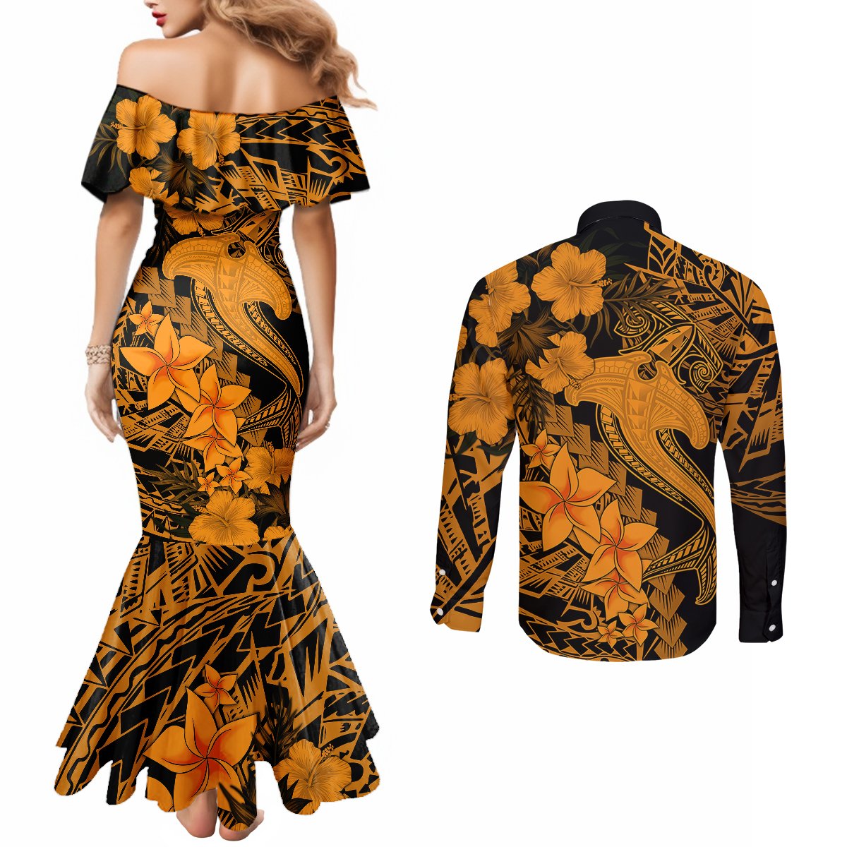 Aloha Hawaii Couples Matching Mermaid Dress and Long Sleeve Button Shirts Hammerhead Shark Tattoo Polynesian Summer - Gold LT9 - Polynesian Pride