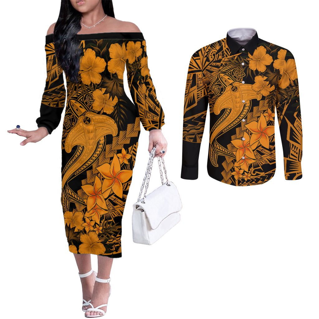 Aloha Hawaii Couples Matching Off The Shoulder Long Sleeve Dress and Long Sleeve Button Shirts Hammerhead Shark Tattoo Polynesian Summer - Gold LT9 Gold - Polynesian Pride