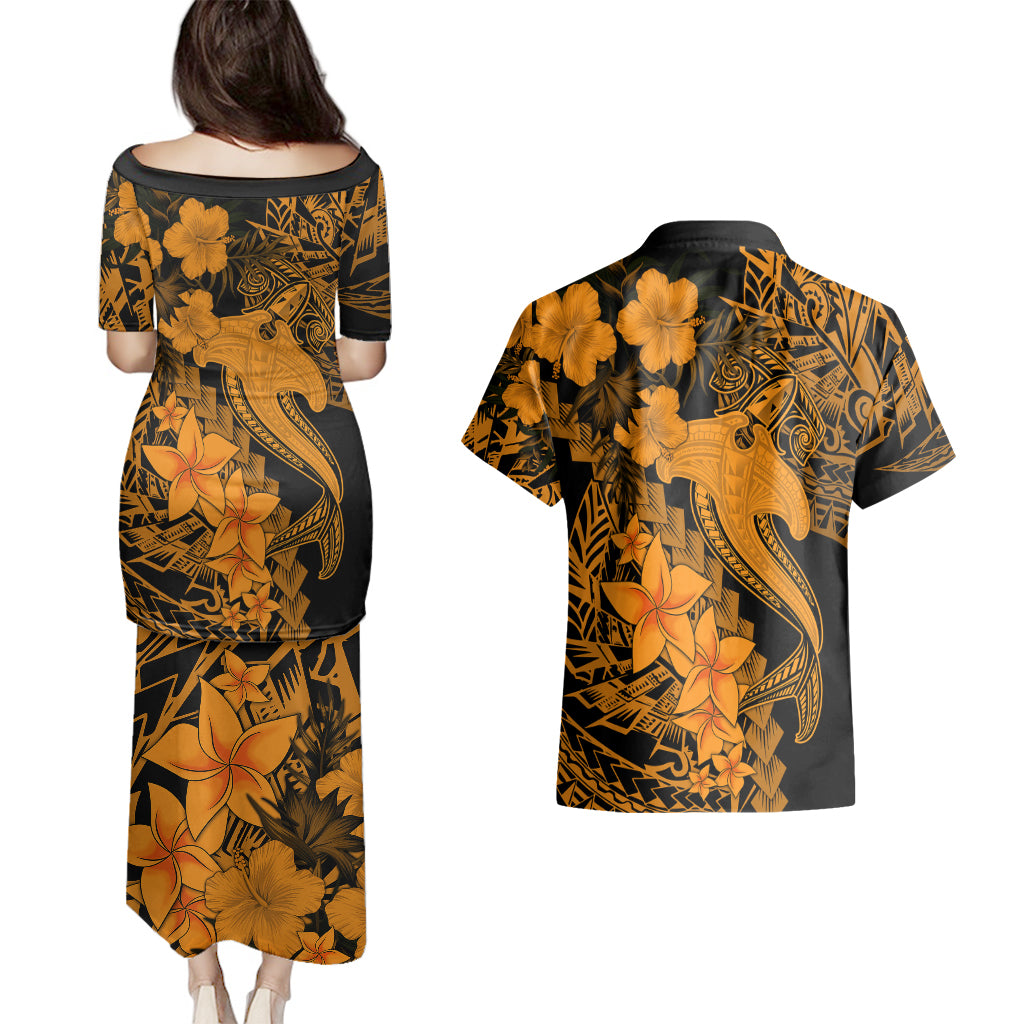 Aloha Hawaii Couples Matching Puletasi Dress and Hawaiian Shirt Hammerhead Shark Tattoo Polynesian Summer - Gold LT9 - Polynesian Pride