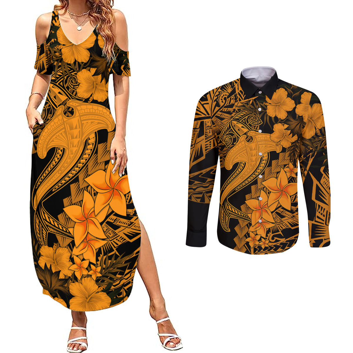 Aloha Hawaii Couples Matching Summer Maxi Dress and Long Sleeve Button Shirts Hammerhead Shark Tattoo Polynesian Summer - Gold LT9 Gold - Polynesian Pride