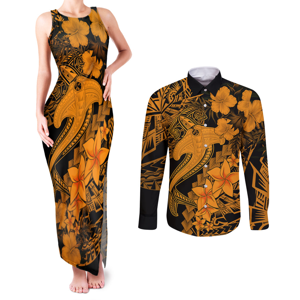 Aloha Hawaii Couples Matching Tank Maxi Dress and Long Sleeve Button Shirts Hammerhead Shark Tattoo Polynesian Summer - Gold LT9 Gold - Polynesian Pride