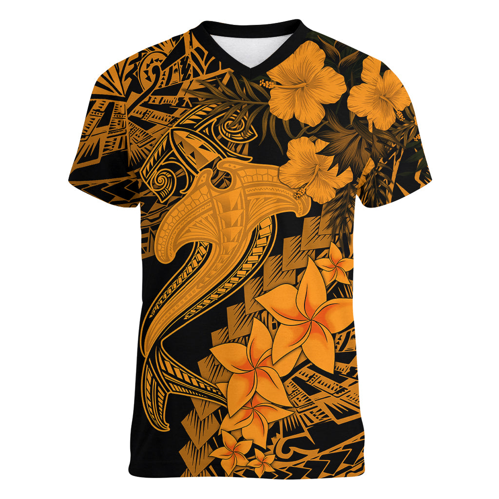 Aloha Hawaii Women V Neck T Shirt Hammerhead Shark Tattoo Polynesian Summer - Gold LT9 Female Gold - Polynesian Pride