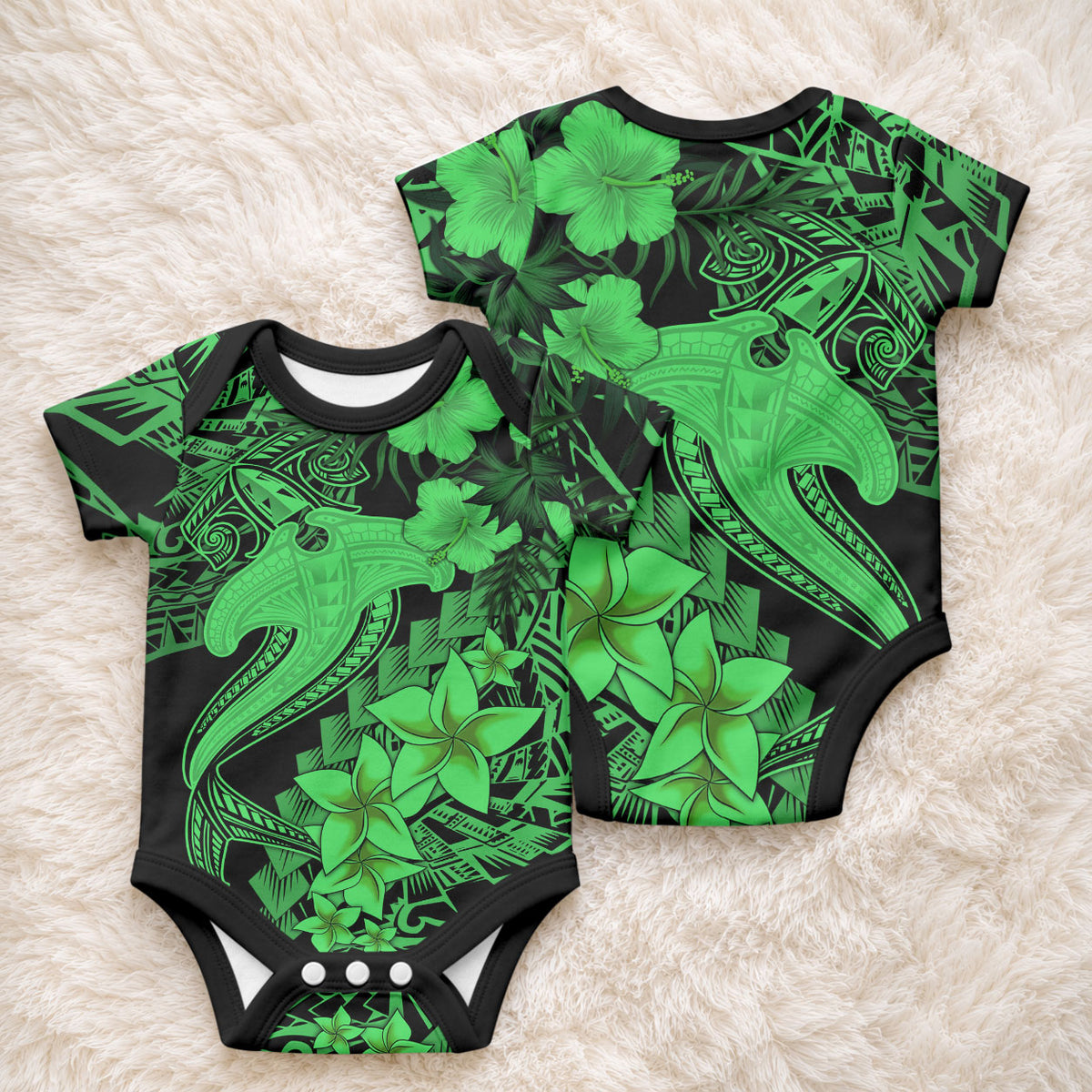 Aloha Hawaii Baby Onesie Hammerhead Shark Tattoo Polynesian Summer - Green LT9 - Polynesian Pride