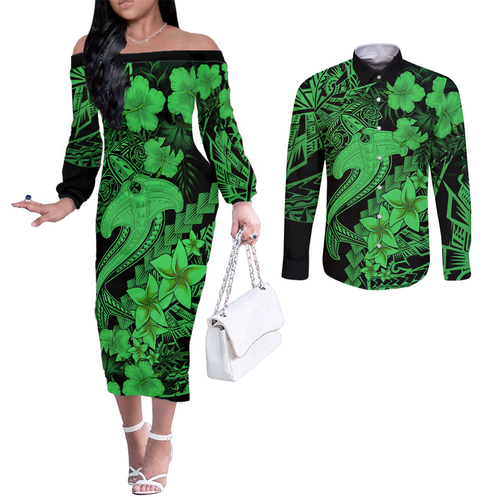 Aloha Hawaii Couples Matching Off The Shoulder Long Sleeve Dress and Long Sleeve Button Shirts Hammerhead Shark Tattoo Polynesian Summer - Green LT9 Green - Polynesian Pride