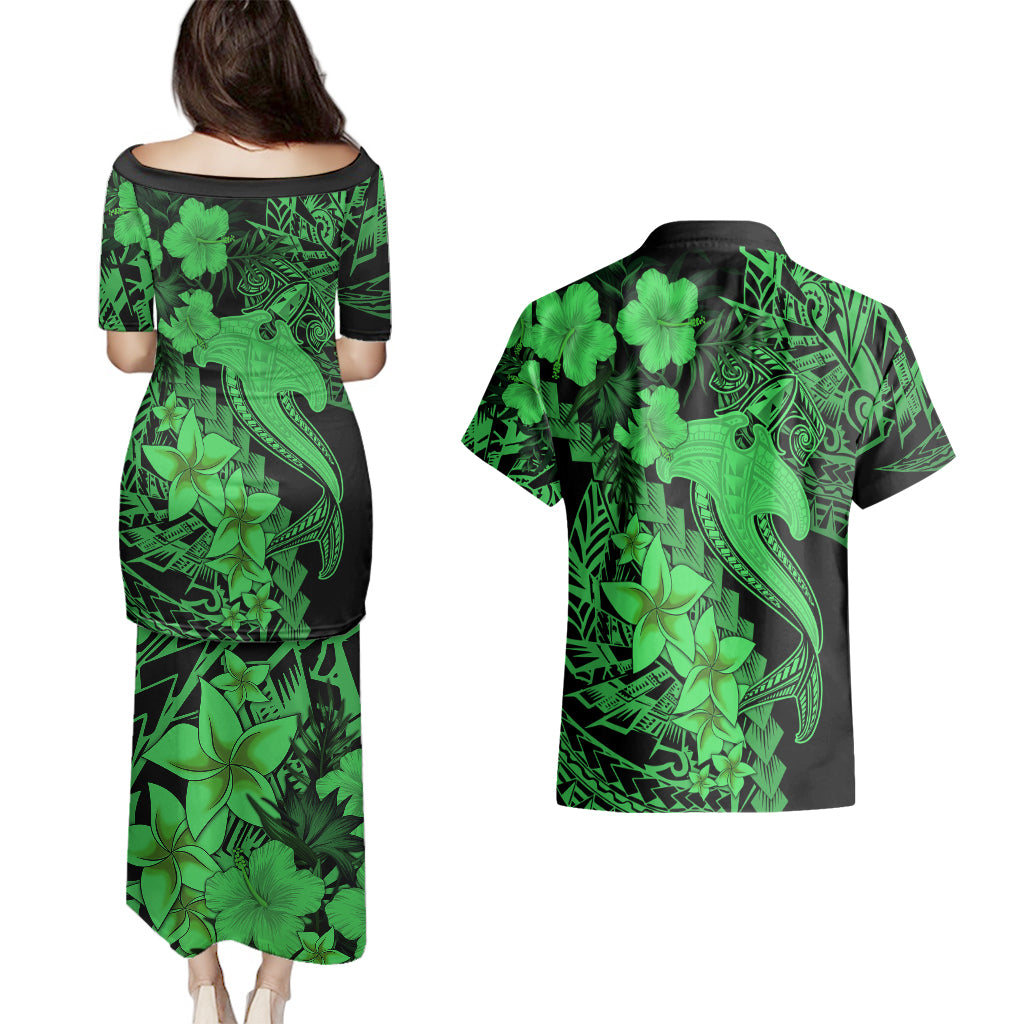 Aloha Hawaii Couples Matching Puletasi Dress and Hawaiian Shirt Hammerhead Shark Tattoo Polynesian Summer - Green LT9 - Polynesian Pride