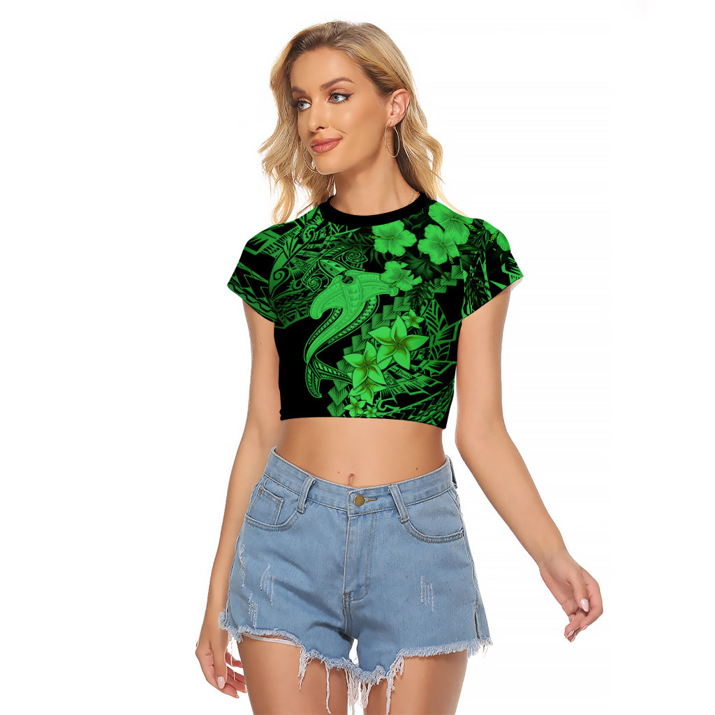 Aloha Hawaii Raglan Cropped T Shirt Hammerhead Shark Tattoo Polynesian Summer - Green LT9 Female Green - Polynesian Pride