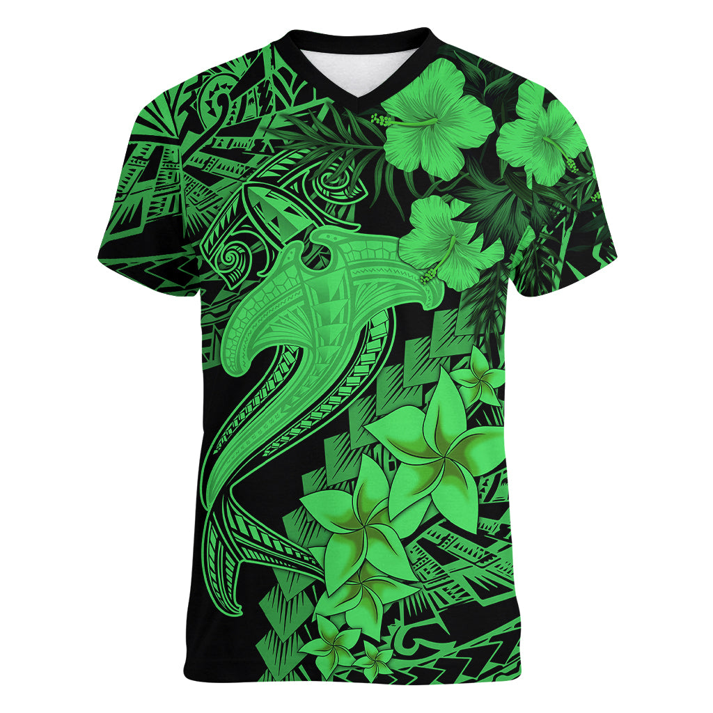Aloha Hawaii Women V Neck T Shirt Hammerhead Shark Tattoo Polynesian Summer - Green LT9 Female Green - Polynesian Pride