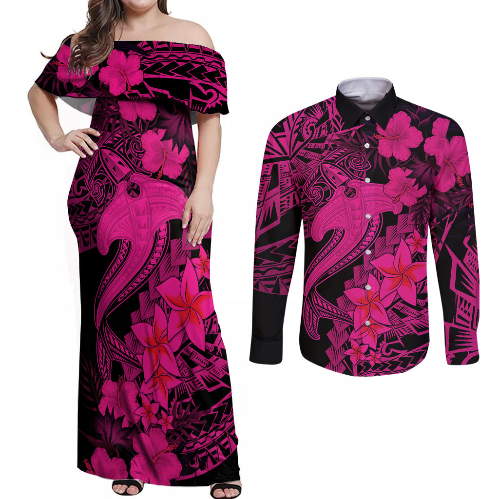 Aloha Hawaii Couples Matching Off Shoulder Maxi Dress and Long Sleeve Button Shirts Hammerhead Shark Tattoo Polynesian Summer - Pink LT9 Pink - Polynesian Pride