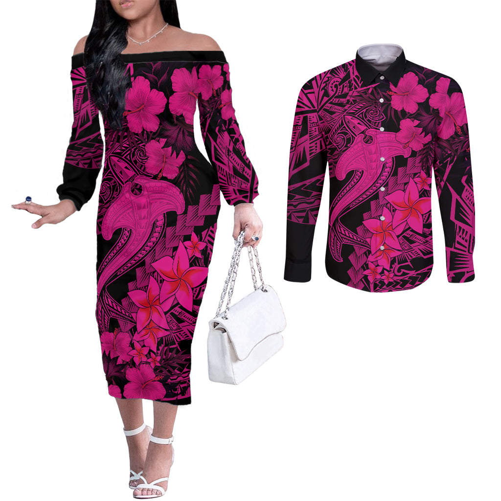 Aloha Hawaii Couples Matching Off The Shoulder Long Sleeve Dress and Long Sleeve Button Shirts Hammerhead Shark Tattoo Polynesian Summer - Pink LT9 Pink - Polynesian Pride