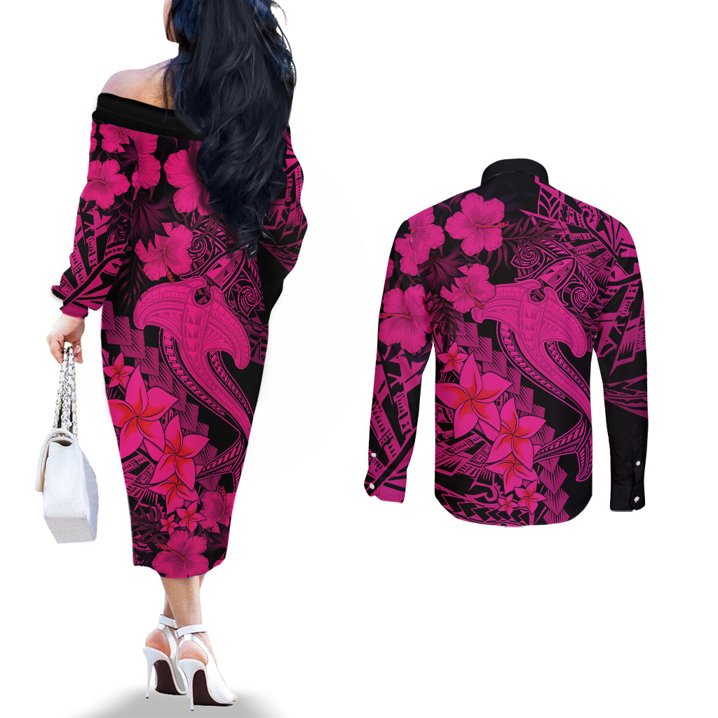 Aloha Hawaii Couples Matching Off The Shoulder Long Sleeve Dress and Long Sleeve Button Shirts Hammerhead Shark Tattoo Polynesian Summer - Pink LT9 - Polynesian Pride
