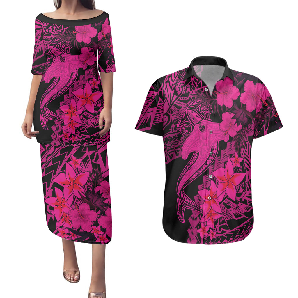 Aloha Hawaii Couples Matching Puletasi Dress and Hawaiian Shirt Hammerhead Shark Tattoo Polynesian Summer - Pink LT9 Pink - Polynesian Pride