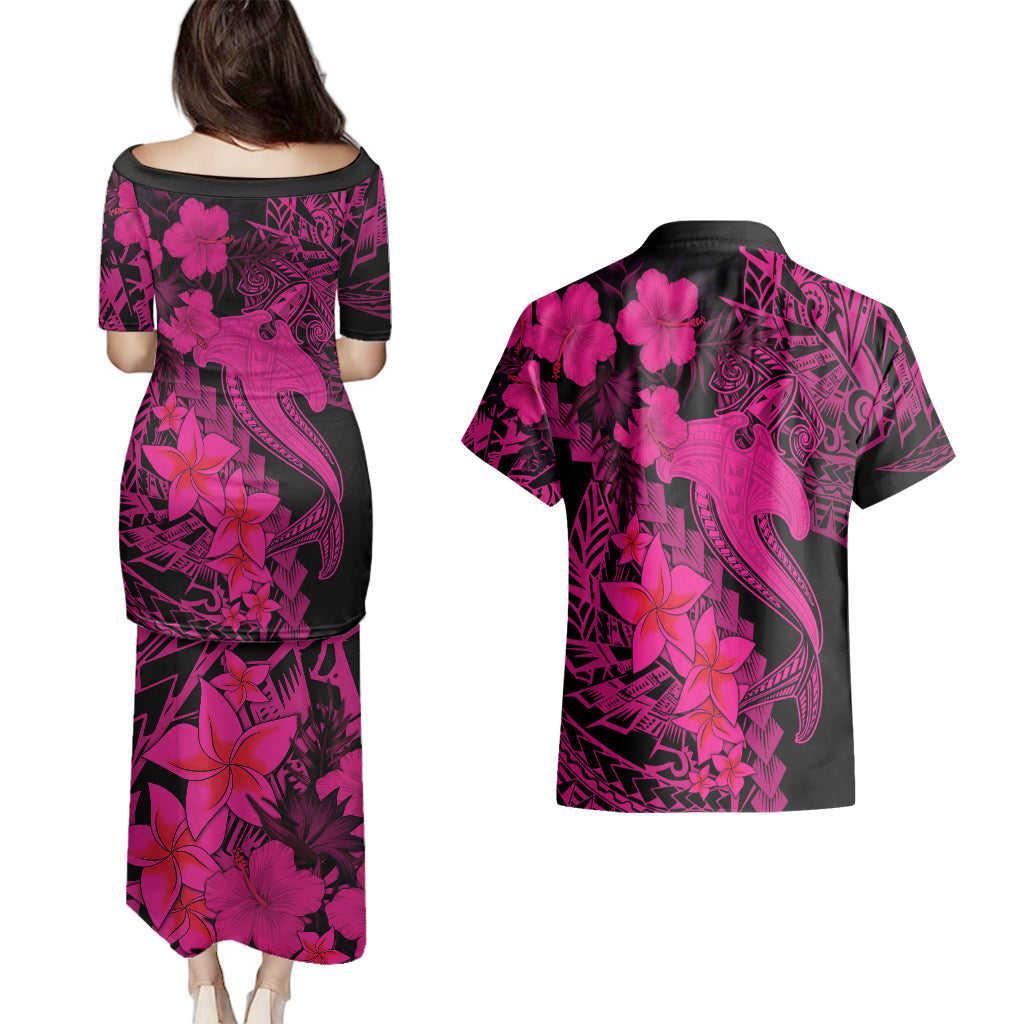 Aloha Hawaii Couples Matching Puletasi Dress and Hawaiian Shirt Hammerhead Shark Tattoo Polynesian Summer - Pink LT9 - Polynesian Pride