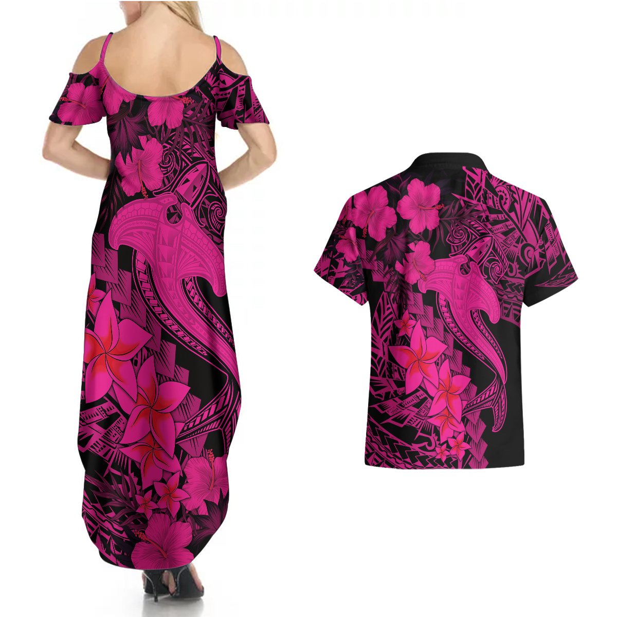 Aloha Hawaii Couples Matching Summer Maxi Dress and Hawaiian Shirt Hammerhead Shark Tattoo Polynesian Summer - Pink LT9 - Polynesian Pride