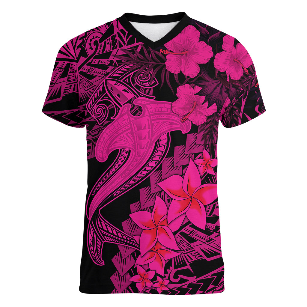 Aloha Hawaii Women V Neck T Shirt Hammerhead Shark Tattoo Polynesian Summer - Pink LT9 Female Pink - Polynesian Pride