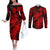 Aloha Hawaii Couples Matching Off The Shoulder Long Sleeve Dress and Long Sleeve Button Shirts Hammerhead Shark Tattoo Polynesian Summer - Red LT9 Red - Polynesian Pride