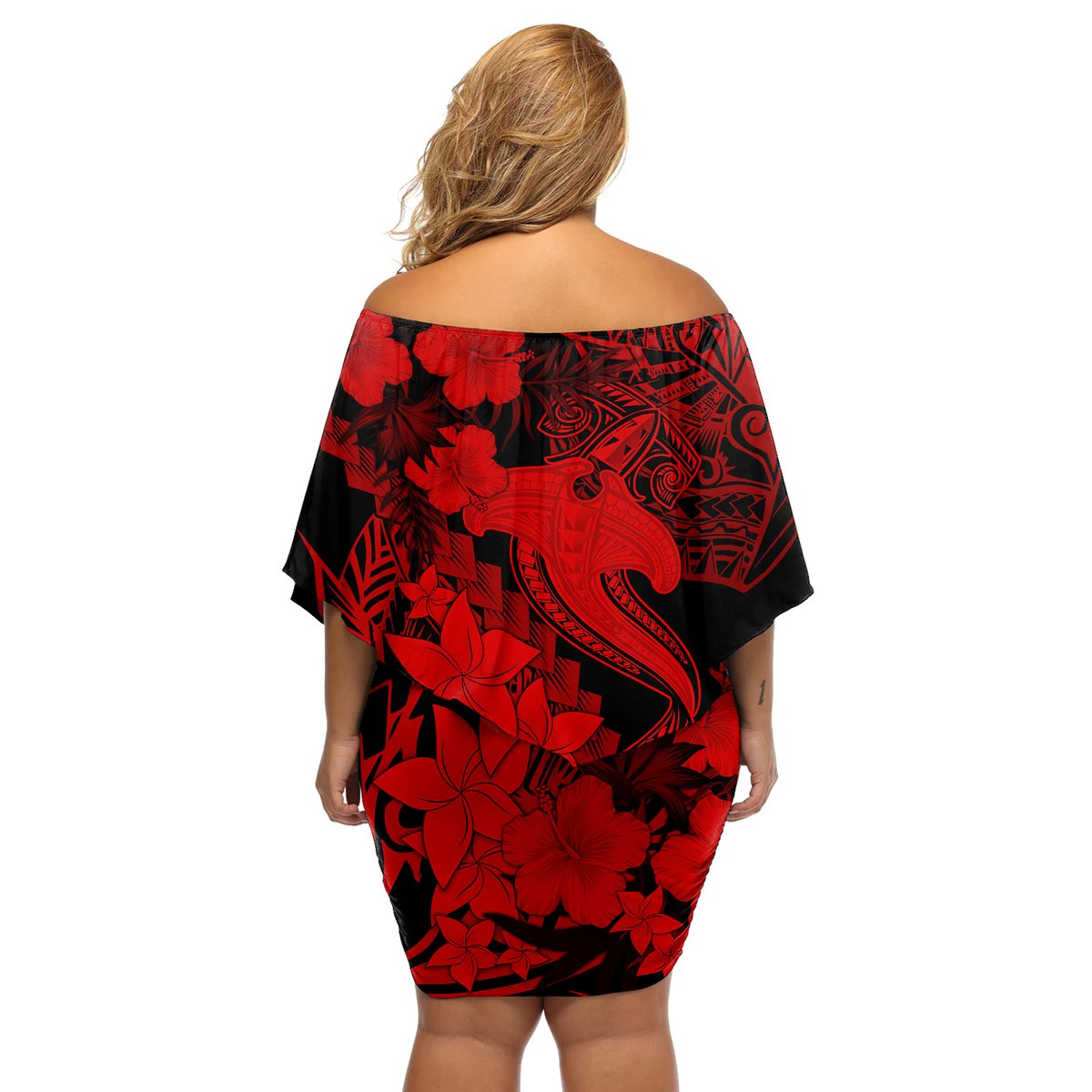 Aloha Hawaii Off Shoulder Short Dress Hammerhead Shark Tattoo Polynesian Summer - Red LT9 - Polynesian Pride