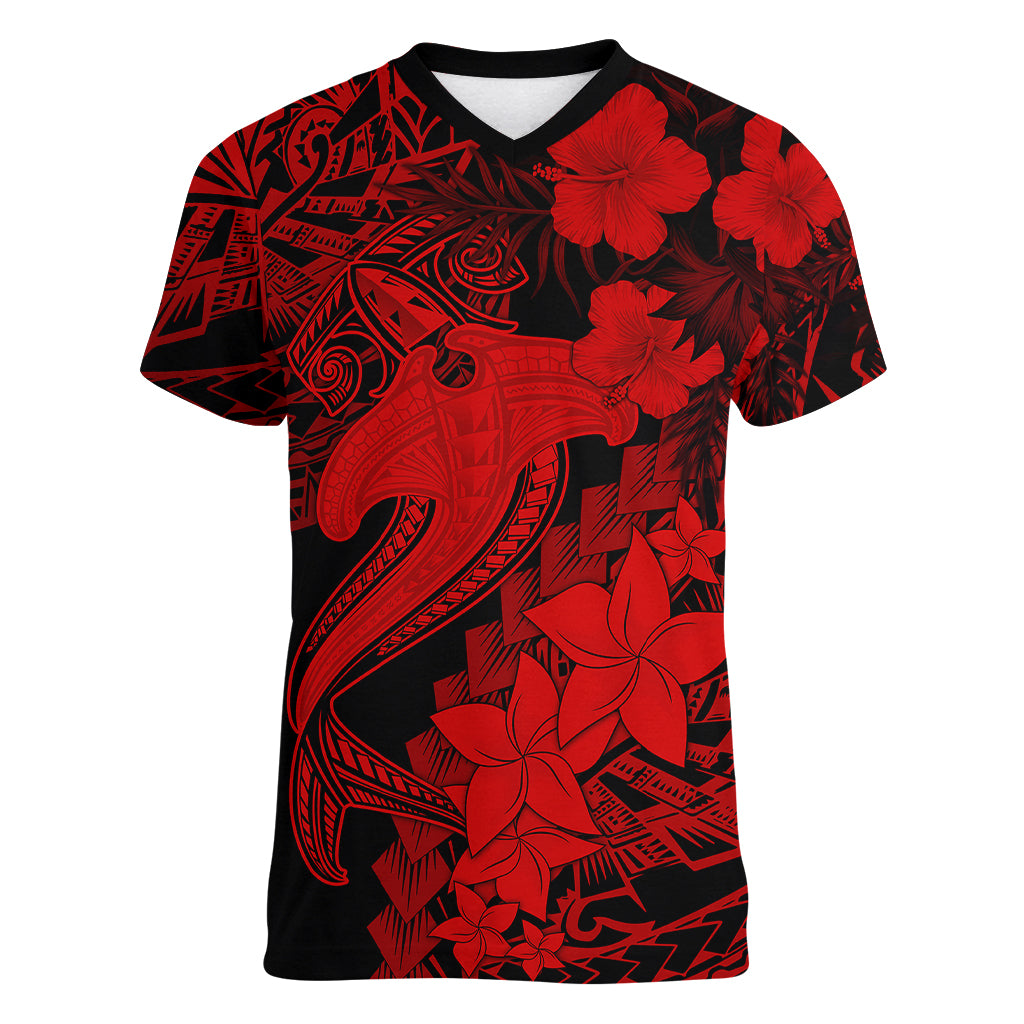 Aloha Hawaii Women V Neck T Shirt Hammerhead Shark Tattoo Polynesian Summer - Red LT9 Female Red - Polynesian Pride